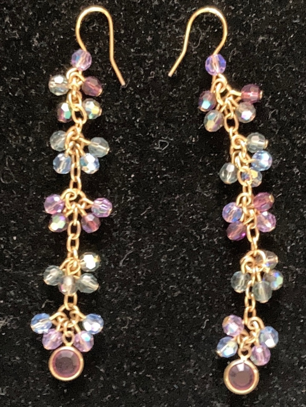 Yellow Gold Tone Drop Earrings/Shades of Blue & Purple Faceted Bead Clusters/NEW